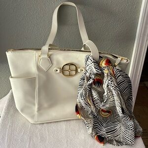 Cream tote with fun scarf